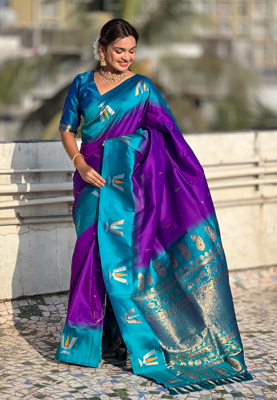 Purple South Traditional Tilak Contrast Soft Silk Zari Woven Saree Soft Silk Saree Anant Tex Exports Pvt.Ltd..