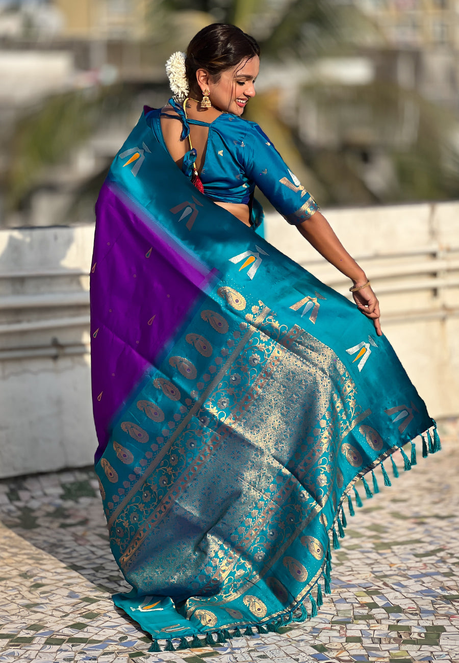Purple South Traditional Tilak Contrast Soft Silk Zari Woven Saree Soft Silk Saree Anant Tex Exports Pvt.Ltd..