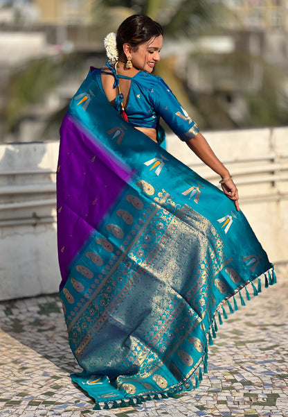 Purple South Traditional Tilak Contrast Soft Silk Zari Woven Saree Soft Silk Saree Anant Tex Exports Pvt.Ltd..