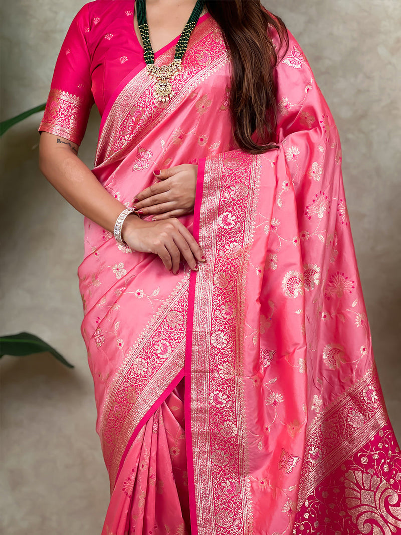 Baby Pink Banarasi Jaal Zari Woven Silk Saree
