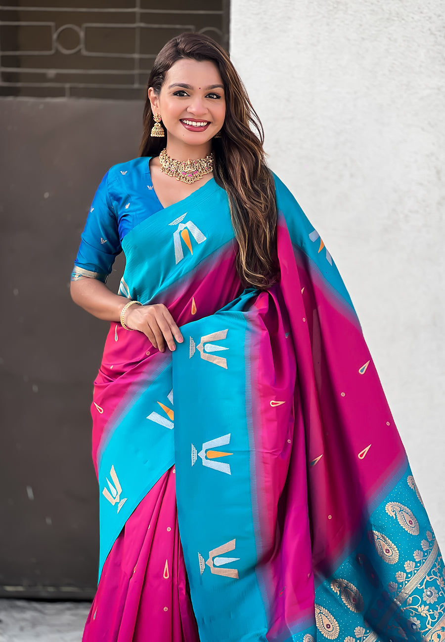 Dark Pink South Traditional Tilak Contrast Soft Silk Zari Woven Saree Soft Silk Saree Anant Tex Exports Pvt.Ltd..