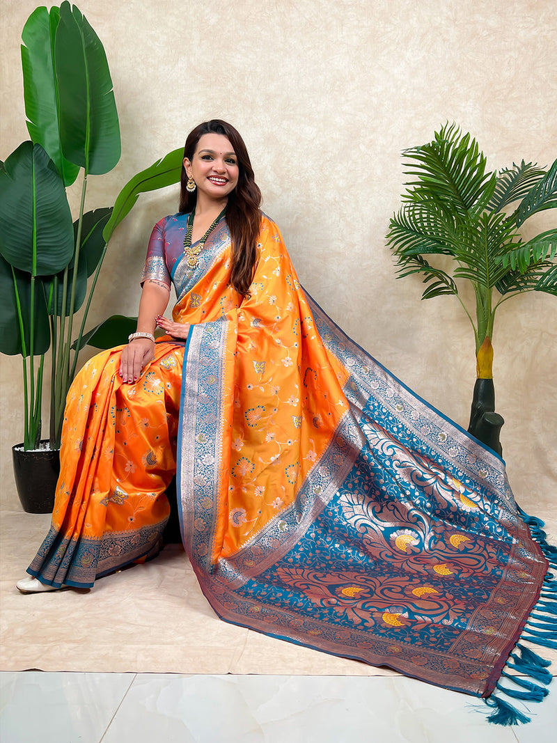 Orange Banarasi Jaal Zari Woven Silk Banarasi Saree