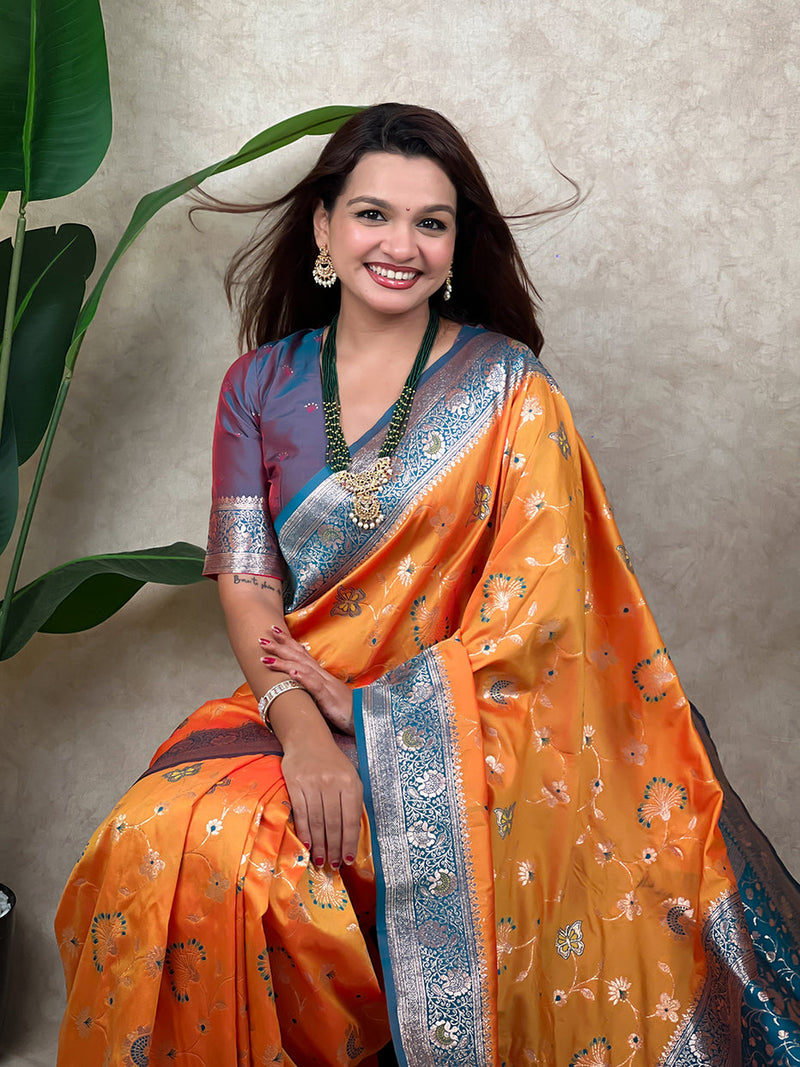 Orange Banarasi Jaal Zari Woven Silk Banarasi Saree