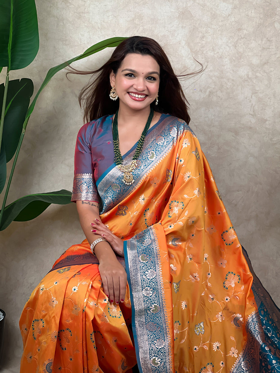 Orange Banarasi Jaal Zari Woven Silk Banarasi Saree