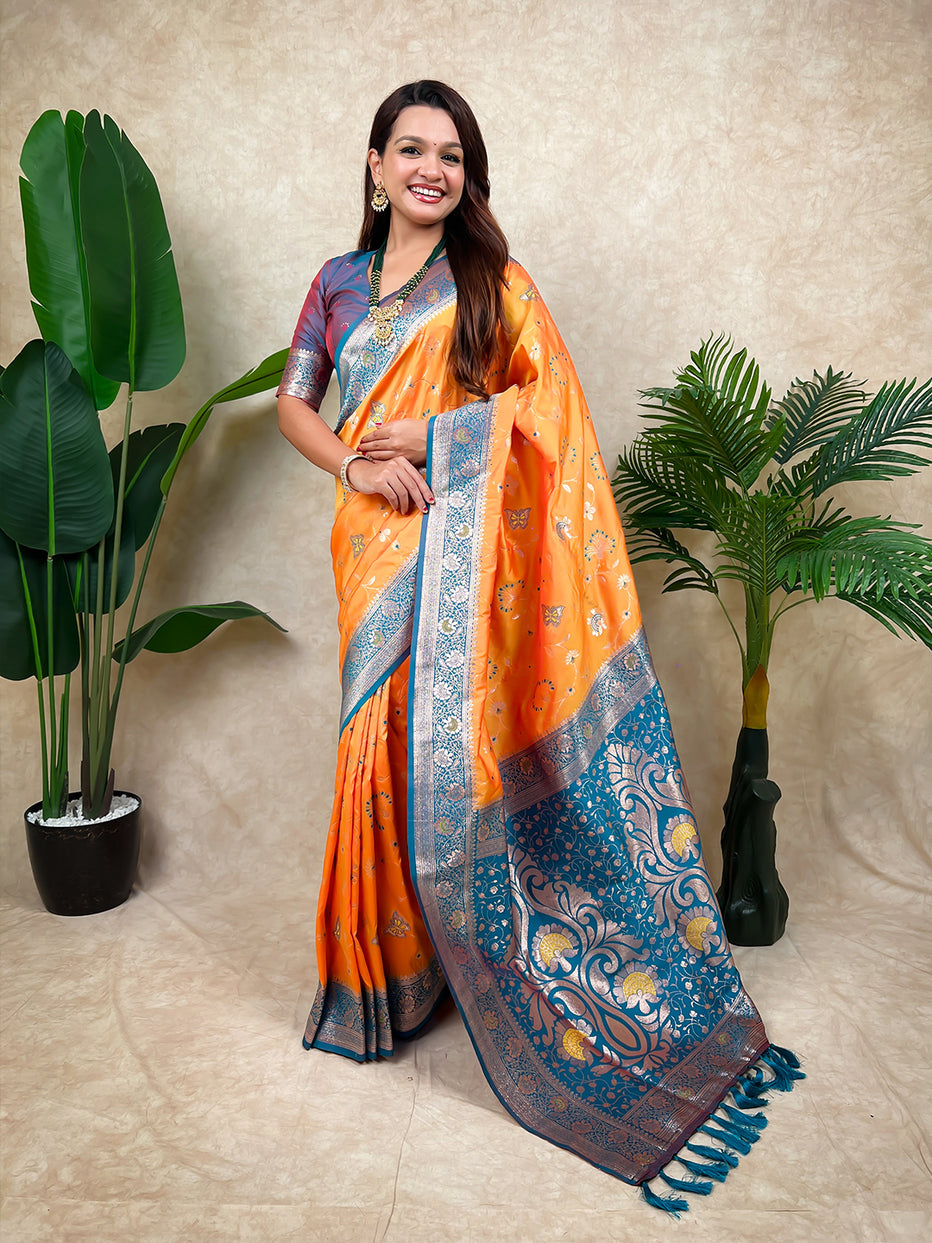 Orange Banarasi Jaal Zari Woven Silk Banarasi Saree