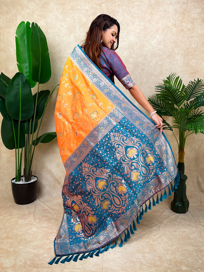Orange Banarasi Jaal Zari Woven Silk Banarasi Saree
