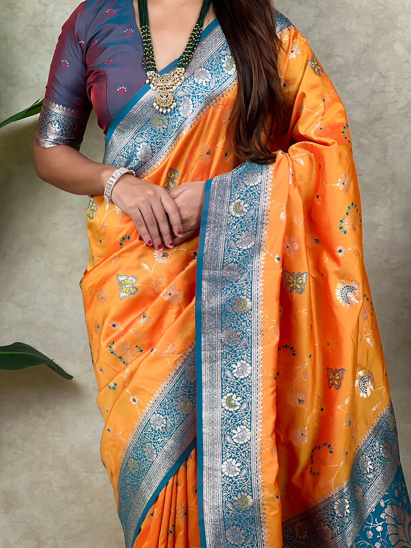 Orange Banarasi Jaal Zari Woven Silk Banarasi Saree