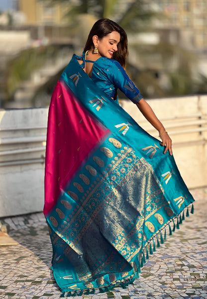 Dark Pink South Traditional Tilak Contrast Soft Silk Zari Woven Saree Soft Silk Saree Anant Tex Exports Pvt.Ltd..