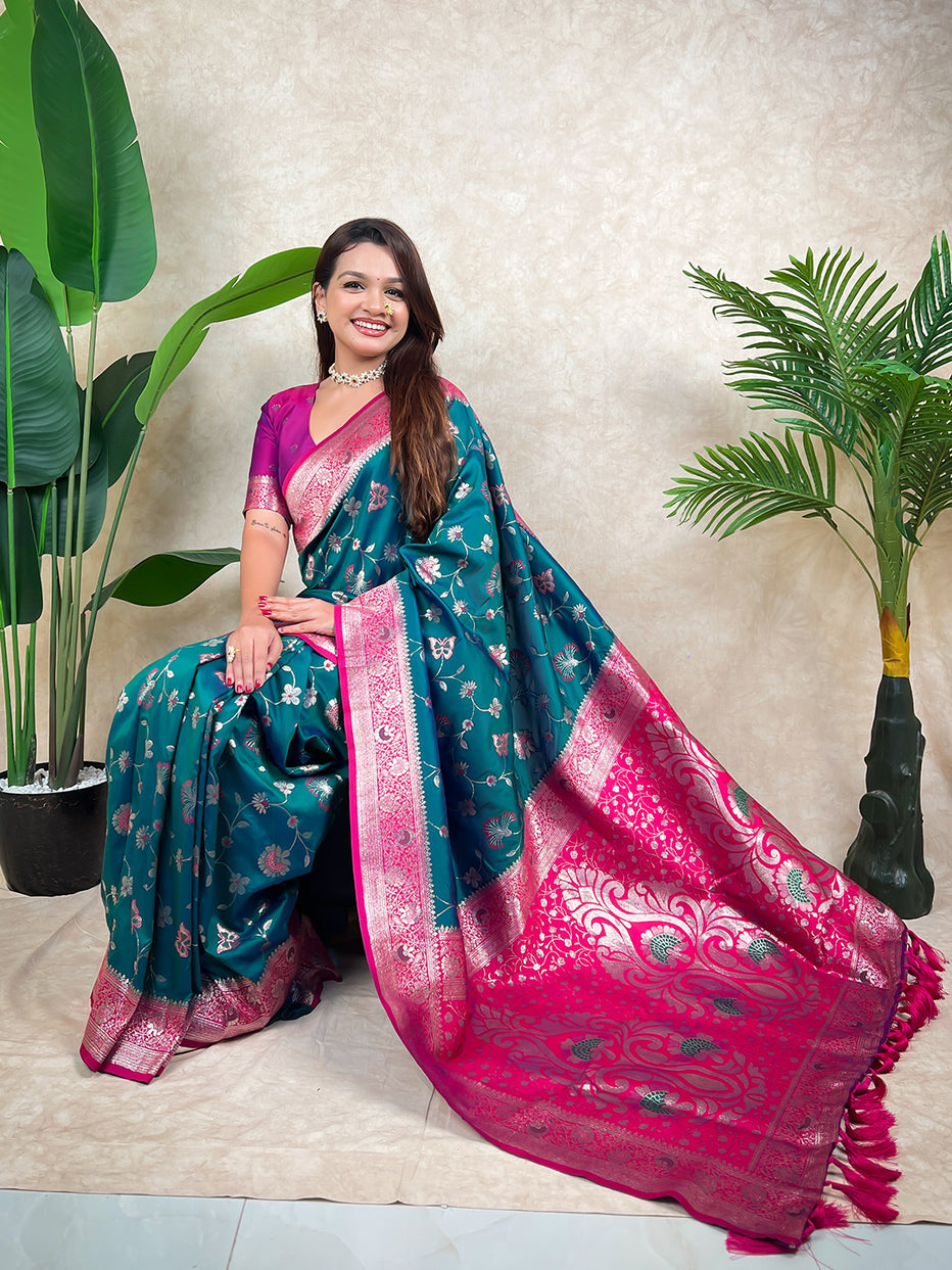 Green Banarasi Jaal Zari Woven Silk Banarasi Saree Banarasi Silk Saree Anant Tex Exports Pvt.Ltd..
