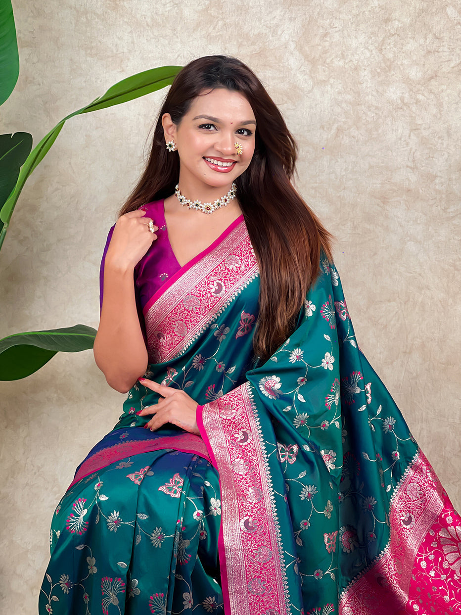 Green Banarasi Jaal Zari Woven Silk Banarasi Saree Banarasi Silk Saree Anant Tex Exports Pvt.Ltd..