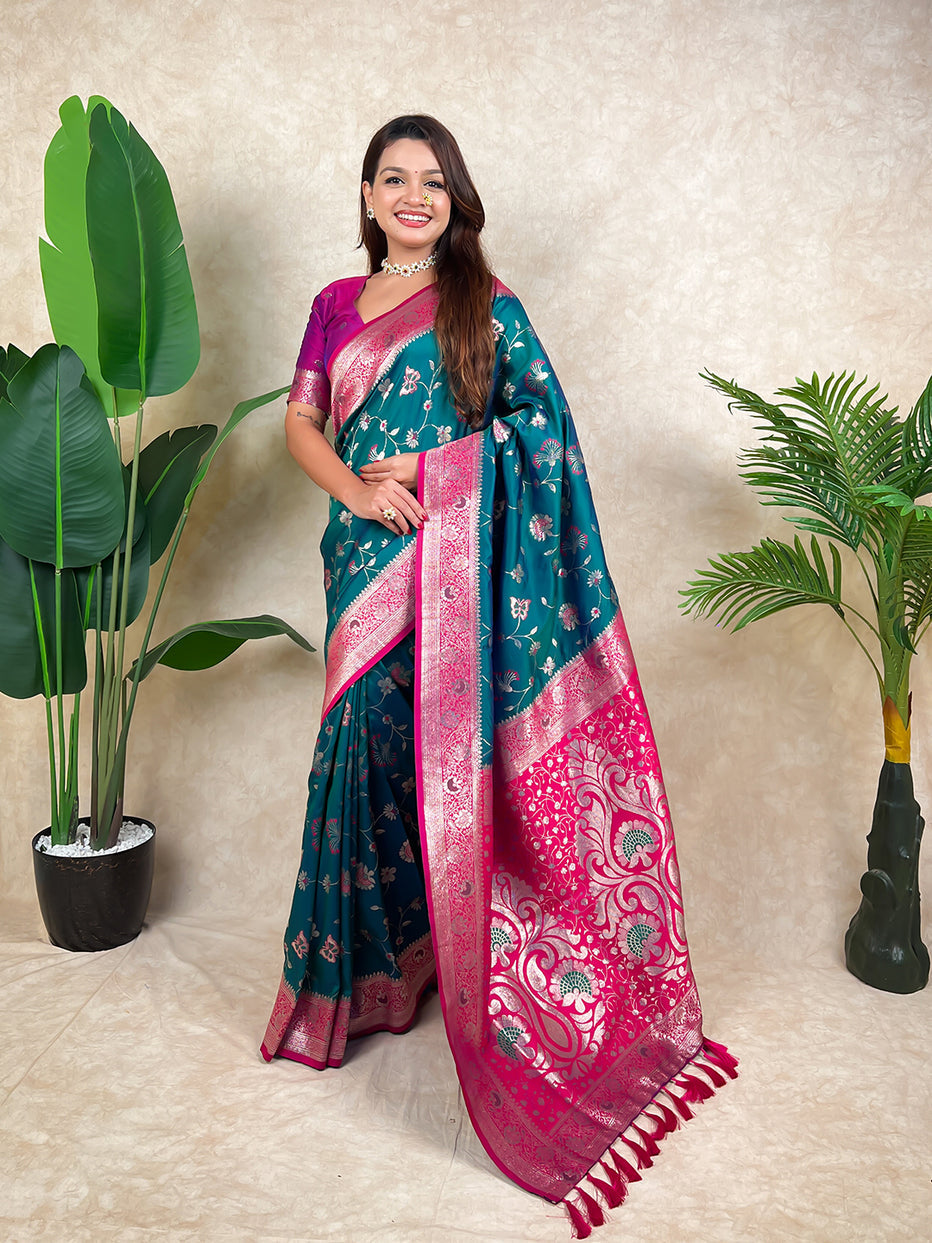 Green Banarasi Jaal Zari Woven Silk Banarasi Saree Banarasi Silk Saree Anant Tex Exports Pvt.Ltd..