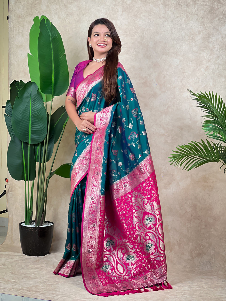 Green Banarasi Jaal Zari Woven Silk Banarasi Saree Banarasi Silk Saree Anant Tex Exports Pvt.Ltd..
