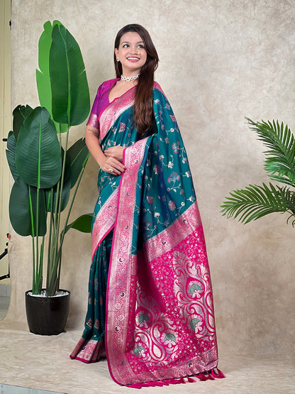 Green Banarasi Jaal Zari Woven Silk Banarasi Saree Banarasi Silk Saree Anant Tex Exports Pvt.Ltd..