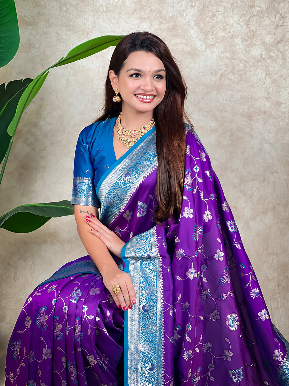 Purple Banarasi Jaal Zari Woven Silk Banarasi Saree