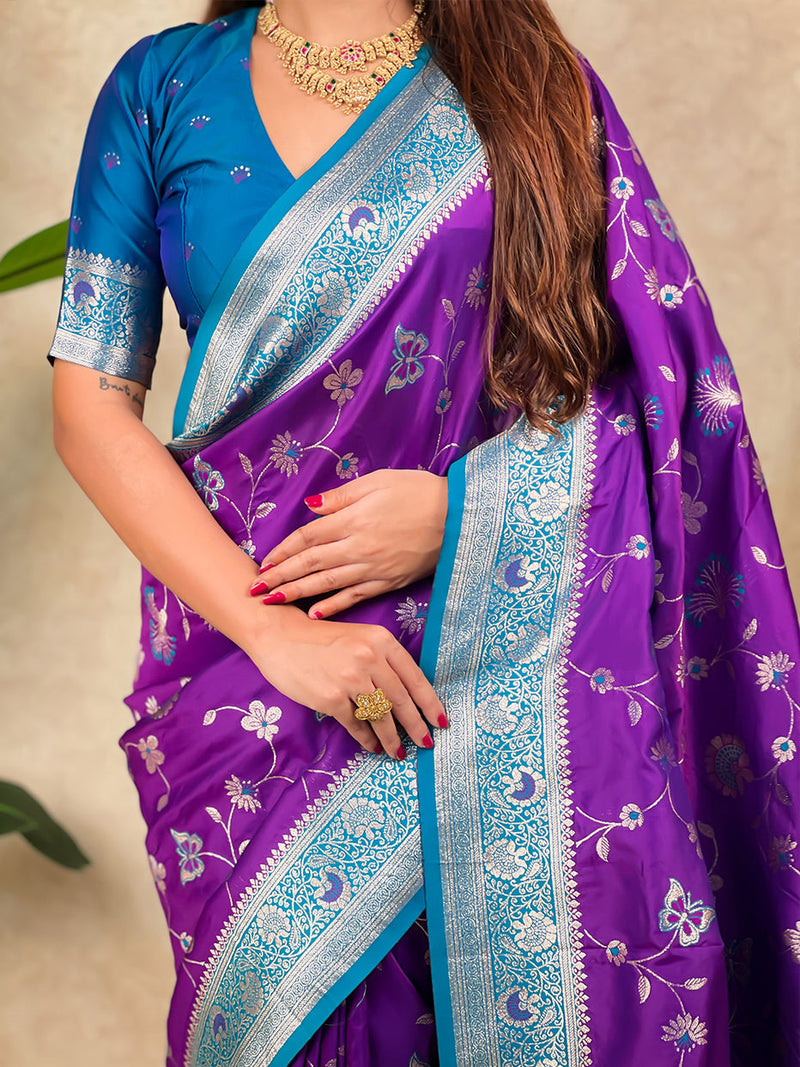 Purple Banarasi Jaal Zari Woven Silk Banarasi Saree