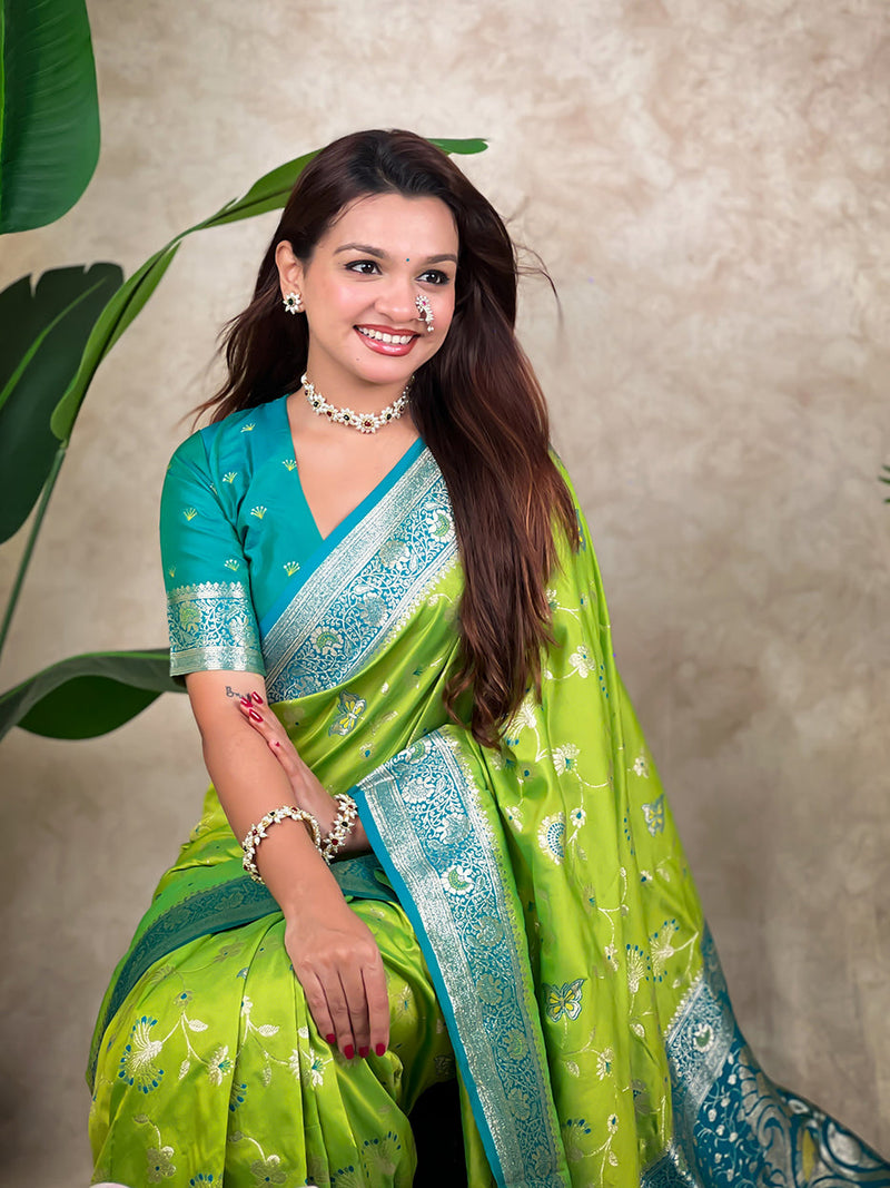 Pista Green Banarasi Jaal Zari Woven Silk Banarasi Saree