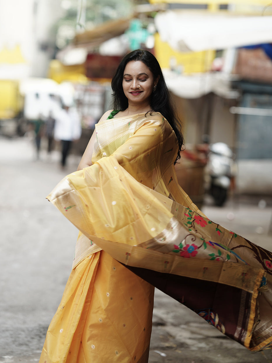 Prianca in our Yellow Organza Paithani Zari Saree