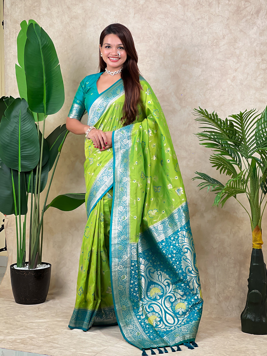 Pista Green Banarasi Jaal Zari Woven Silk Banarasi Saree