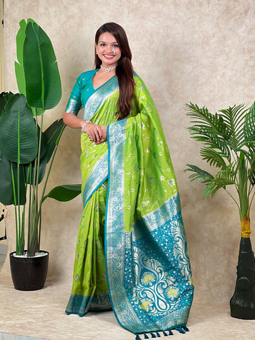 Pista Green Banarasi Jaal Zari Woven Silk Banarasi Saree