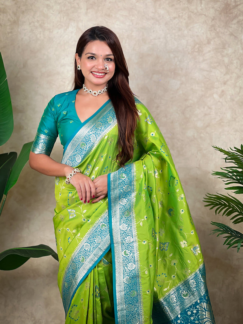 Pista Green Banarasi Jaal Zari Woven Silk Banarasi Saree