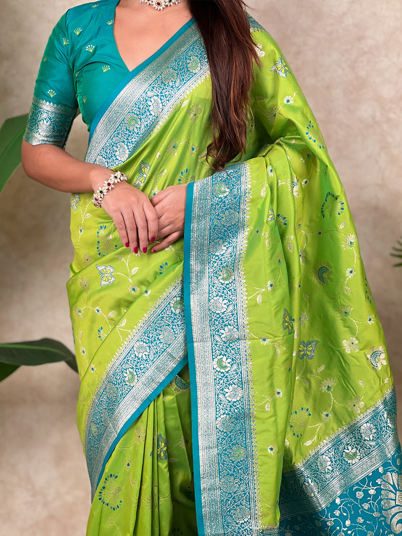 Pista Green Banarasi Jaal Zari Woven Silk Banarasi Saree