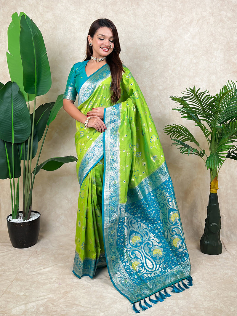 Pista Green Banarasi Jaal Zari Woven Silk Banarasi Saree