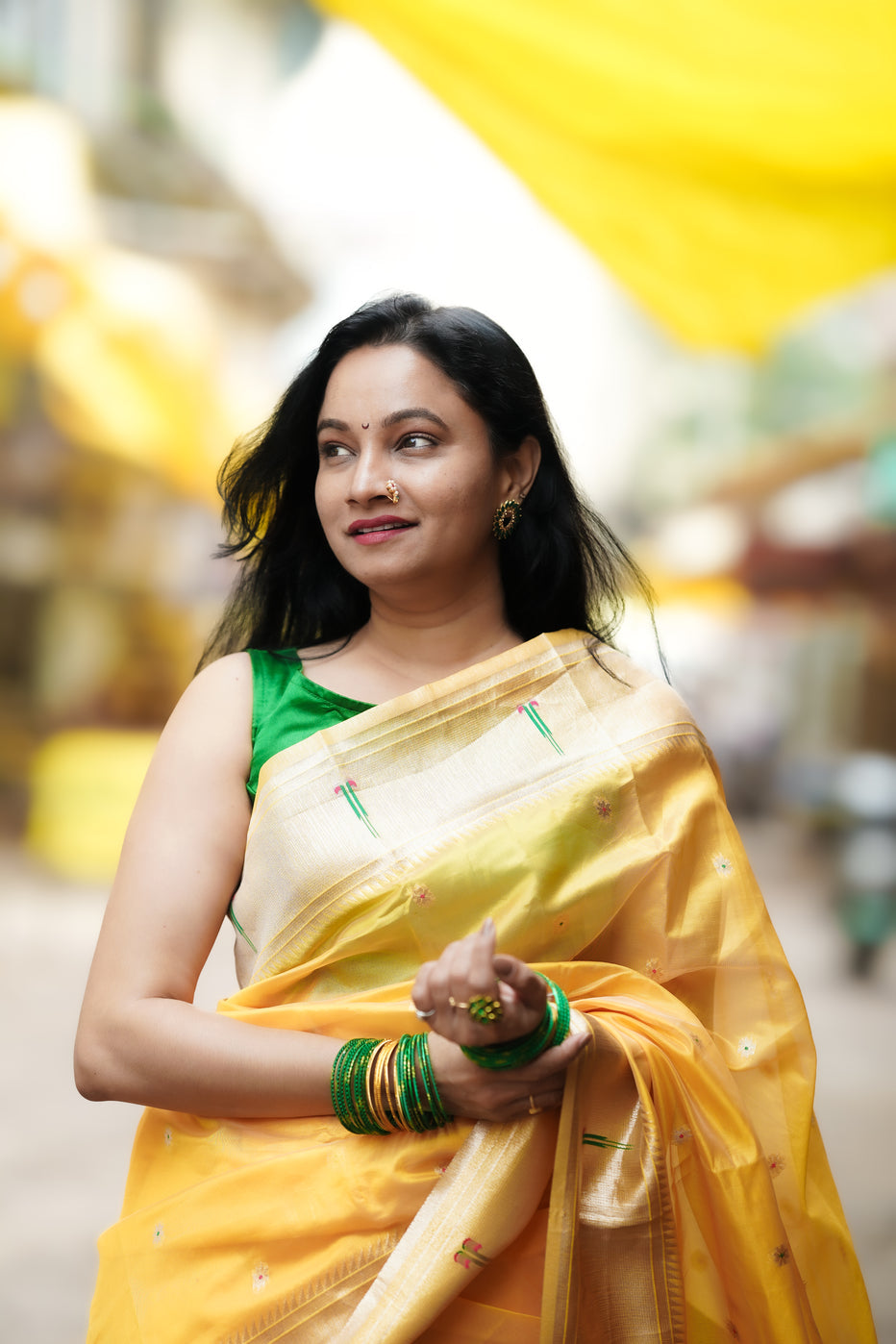 Prianca in our Yellow Organza Paithani Zari Saree