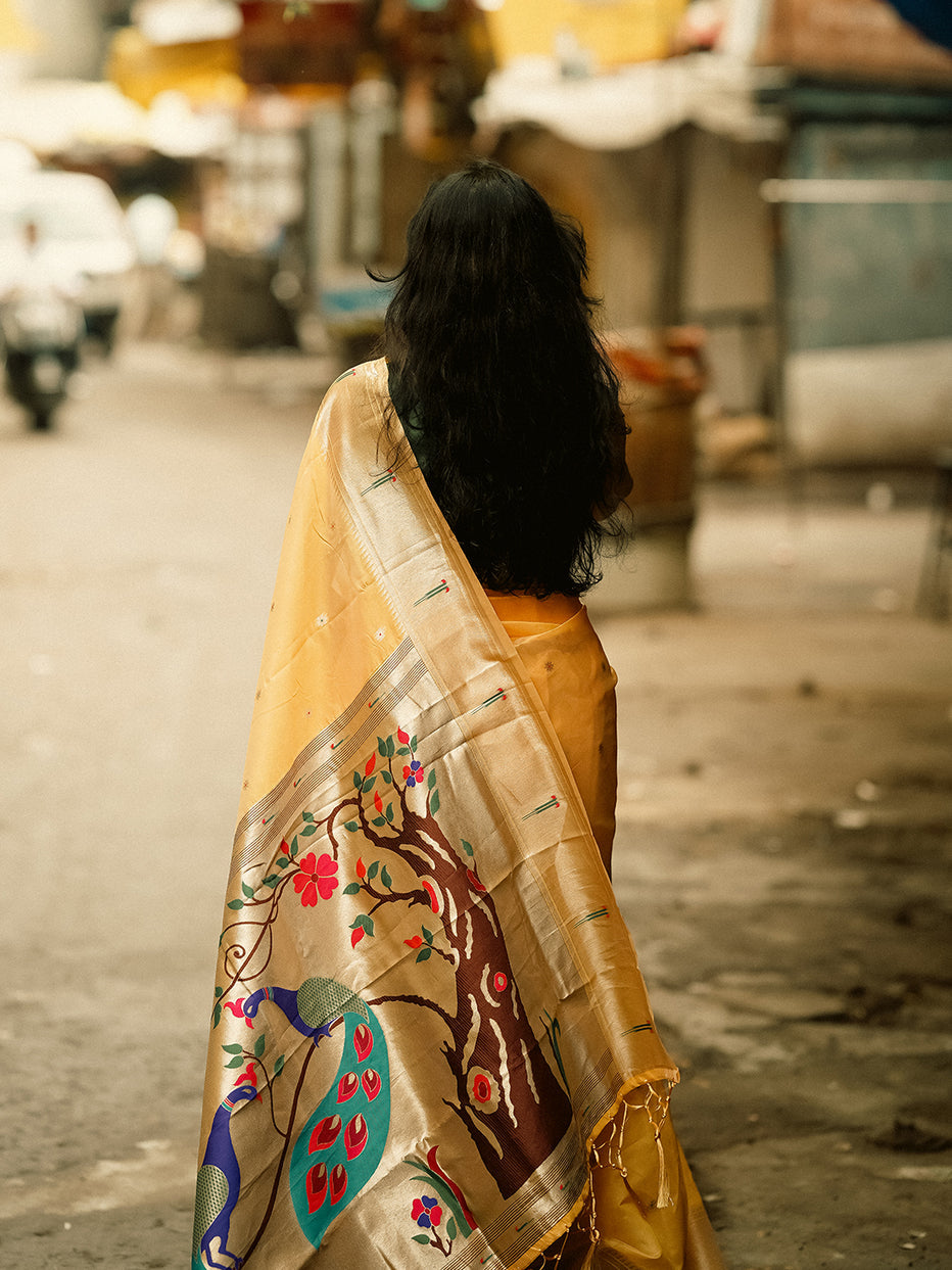 Prianca in our Yellow Organza Paithani Zari Saree