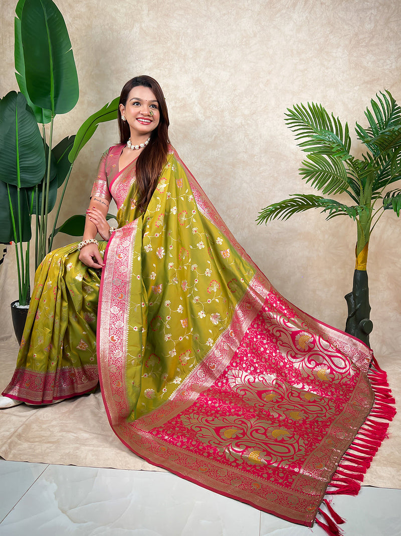 Mehendi Green Banarasi Jaal Zari Woven Silk Banarasi Saree