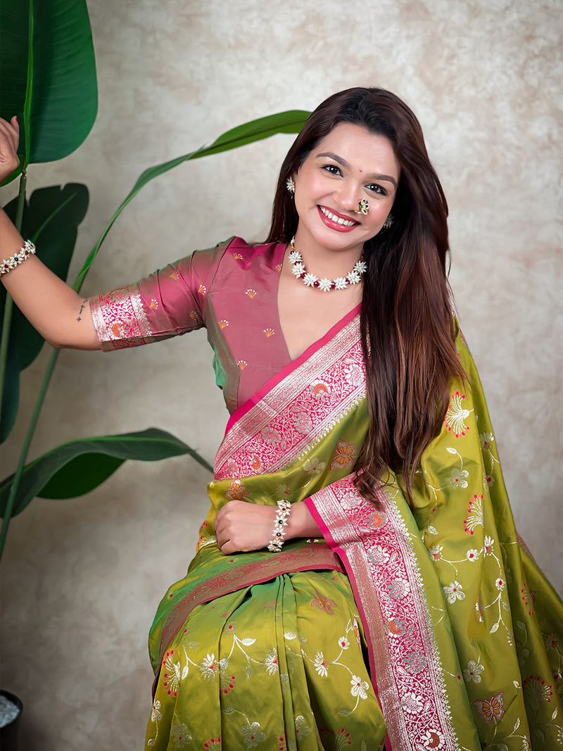 Mehendi Green Banarasi Jaal Zari Woven Silk Banarasi Saree