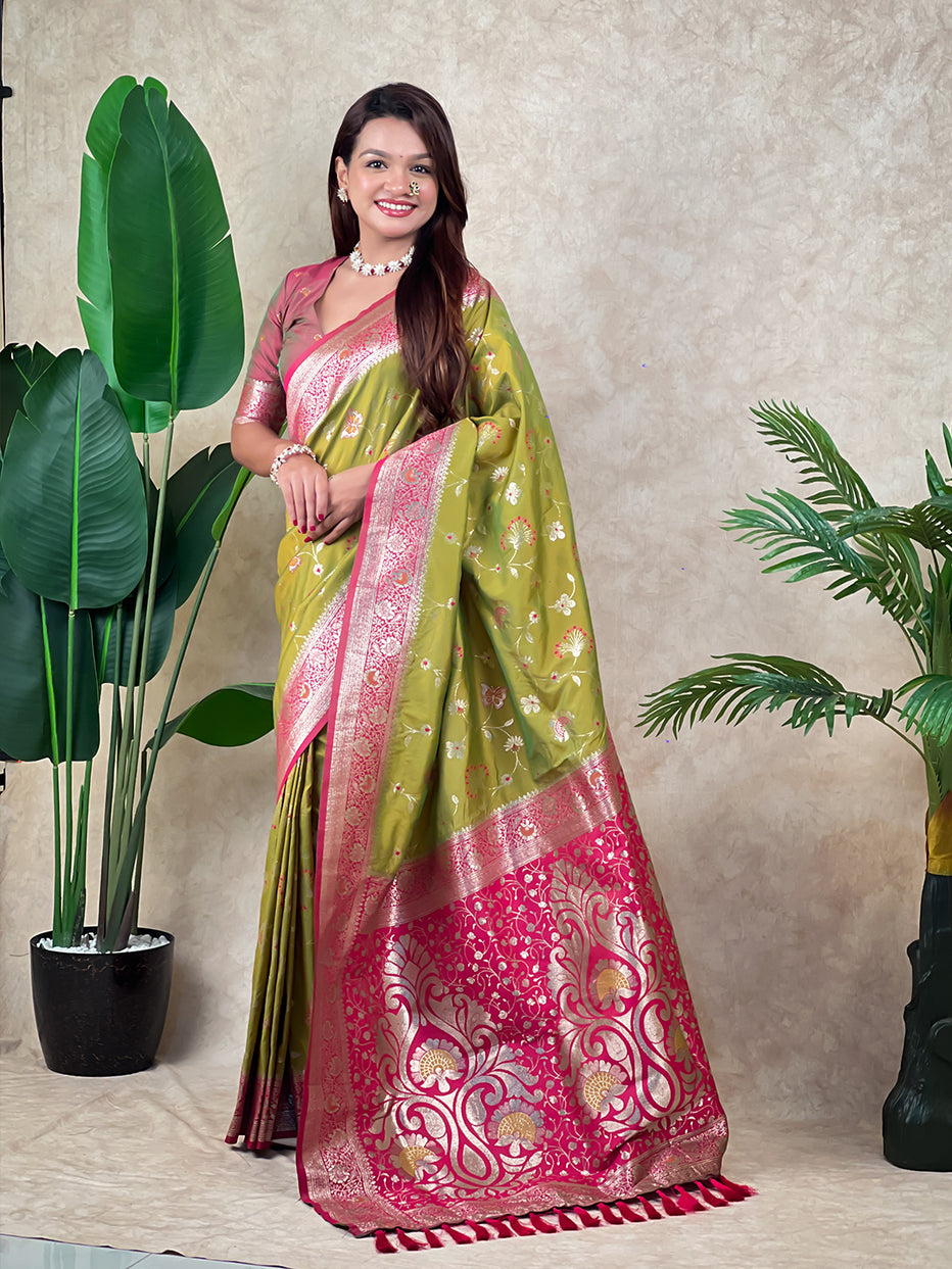Mehendi Green Banarasi Jaal Zari Woven Silk Banarasi Saree