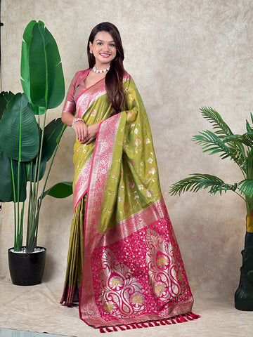 Mehendi Green Banarasi Jaal Zari Woven Silk Banarasi Saree