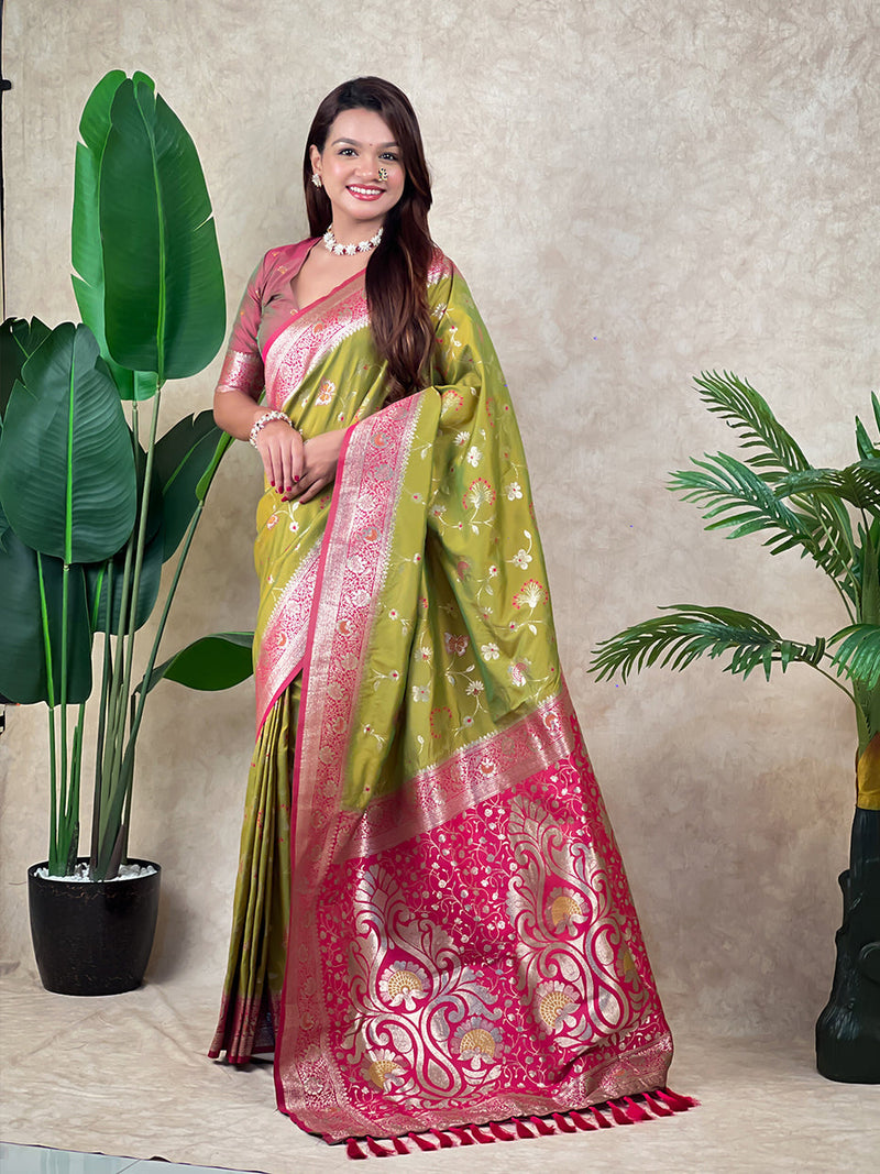 Mehendi Green Banarasi Jaal Zari Woven Silk Banarasi Saree