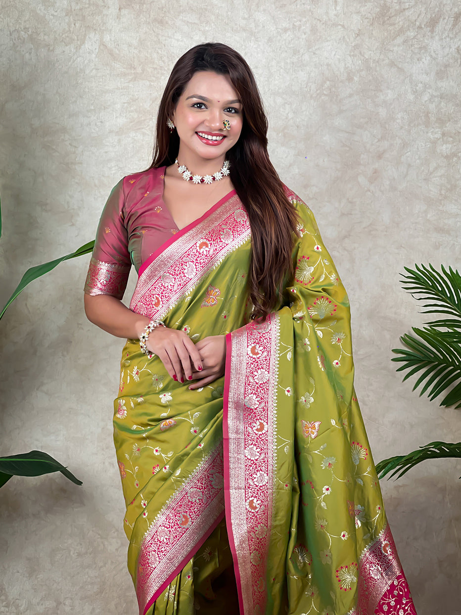 Mehendi Green Banarasi Jaal Zari Woven Silk Banarasi Saree Banarasi Silk Saree Anant Tex Exports Pvt.Ltd..