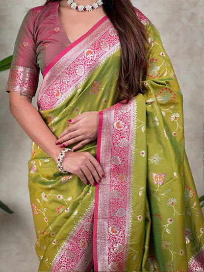 Mehendi Green Banarasi Jaal Zari Woven Silk Banarasi Saree Banarasi Silk Saree Anant Tex Exports Pvt.Ltd..