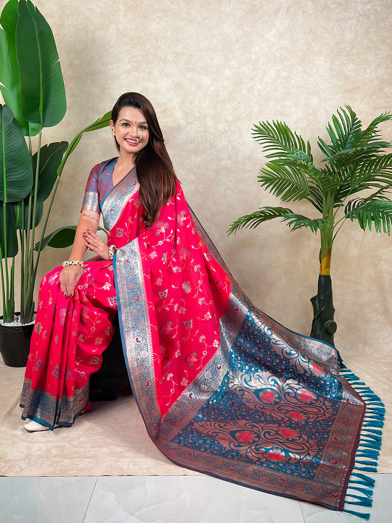 Pink Banarasi Jaal Zari Woven Silk Banarasi Saree