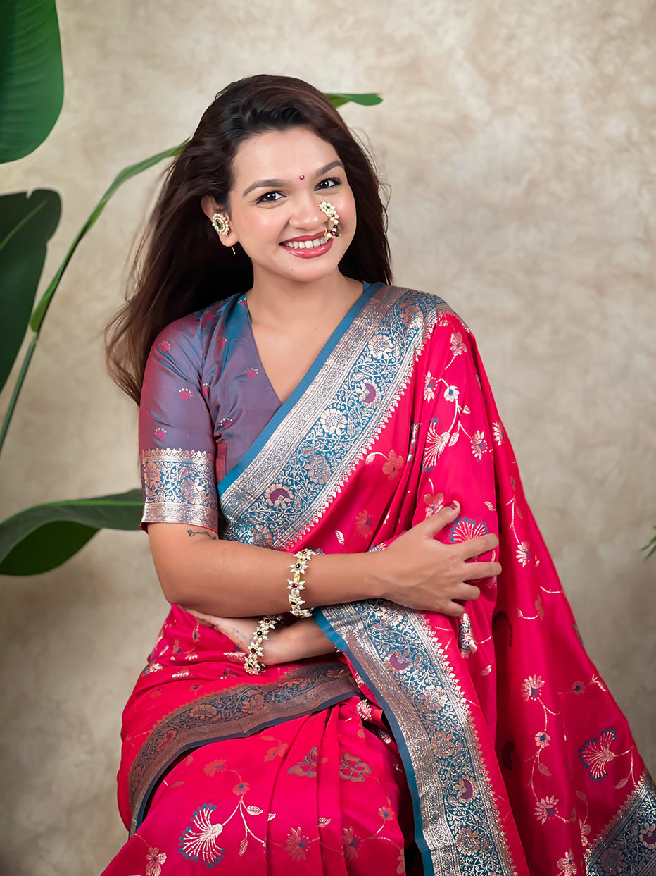 Pink Banarasi Jaal Zari Woven Silk Banarasi Saree