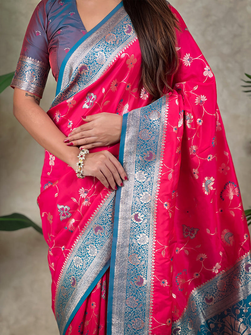 Pink Banarasi Jaal Zari Woven Silk Banarasi Saree