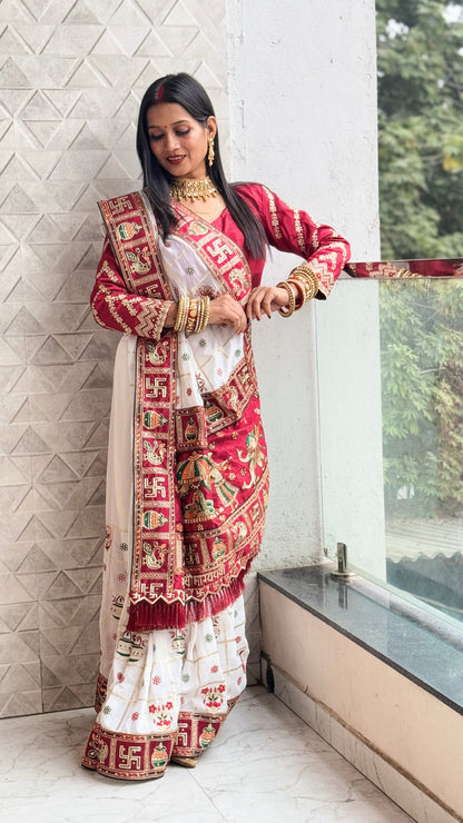 White Maroon Pure Soft Silk Panter Patola Embroiderd Panter Patola Saree 