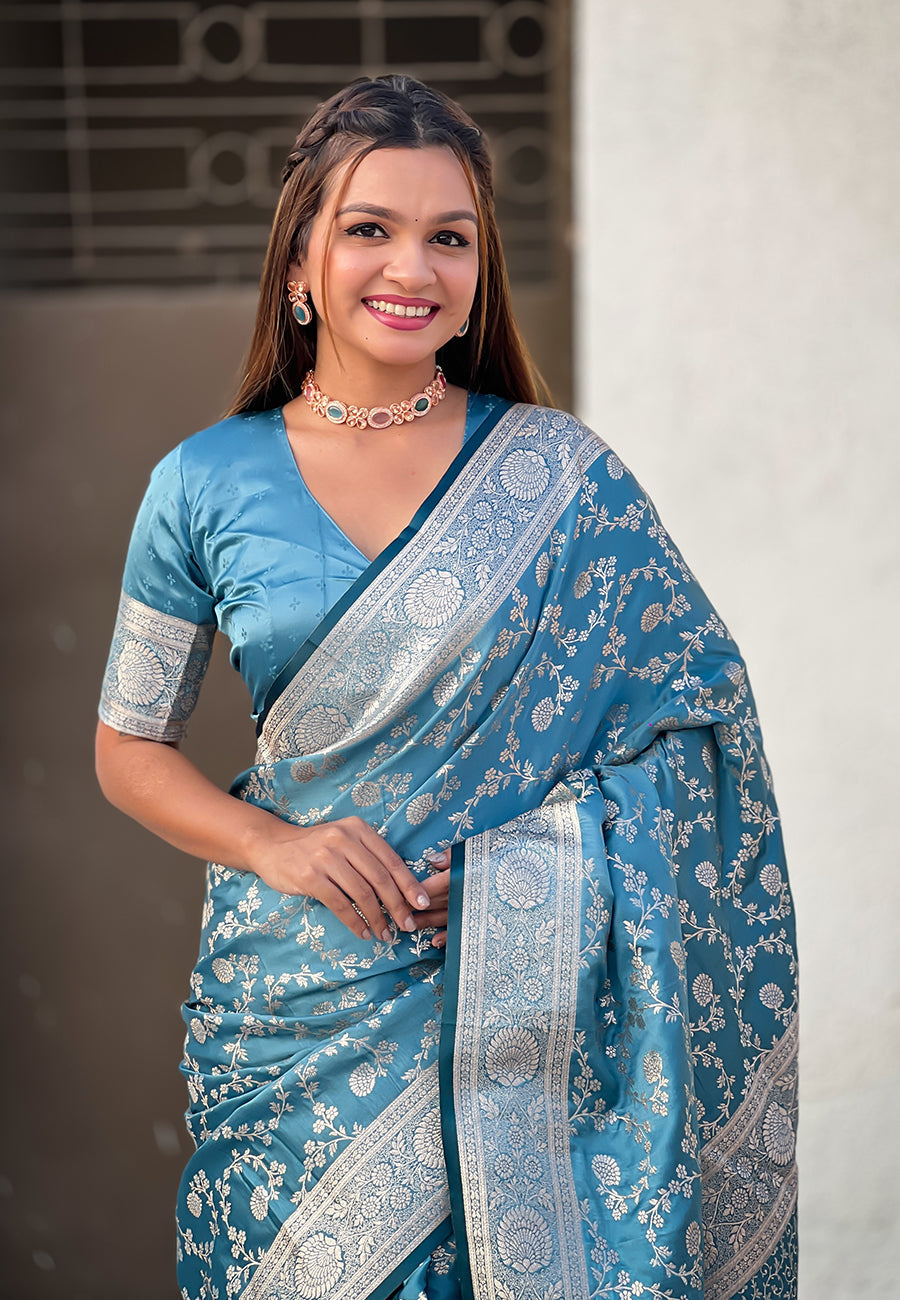 Butterfly Blue Banarasi Satin Silk Zari Banarasi Saree Panetar Saree Anant Tex Exports Pvt.Ltd..