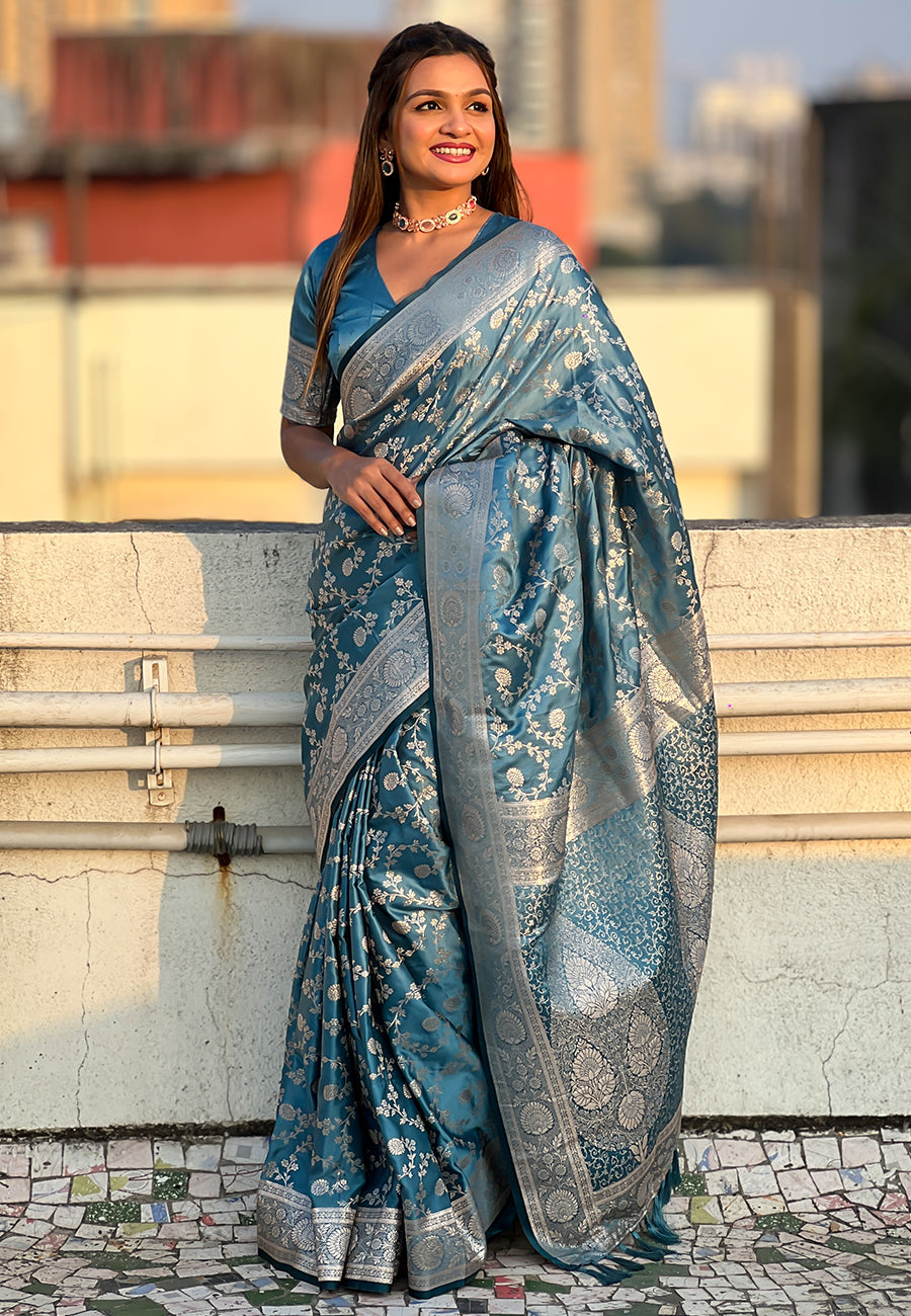 Butterfly Blue Banarasi Satin Silk Zari Banarasi Saree Panetar Saree Anant Tex Exports Pvt.Ltd..