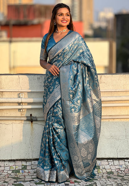 Butterfly Blue Banarasi Satin Silk Zari Banarasi Saree Panetar Saree Anant Tex Exports Pvt.Ltd..