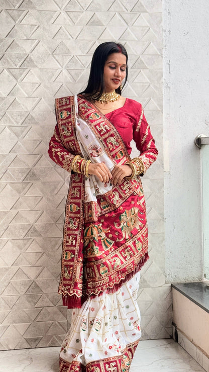 White Maroon Pure Soft Silk Panter Patola Embroiderd Panter Patola Saree 