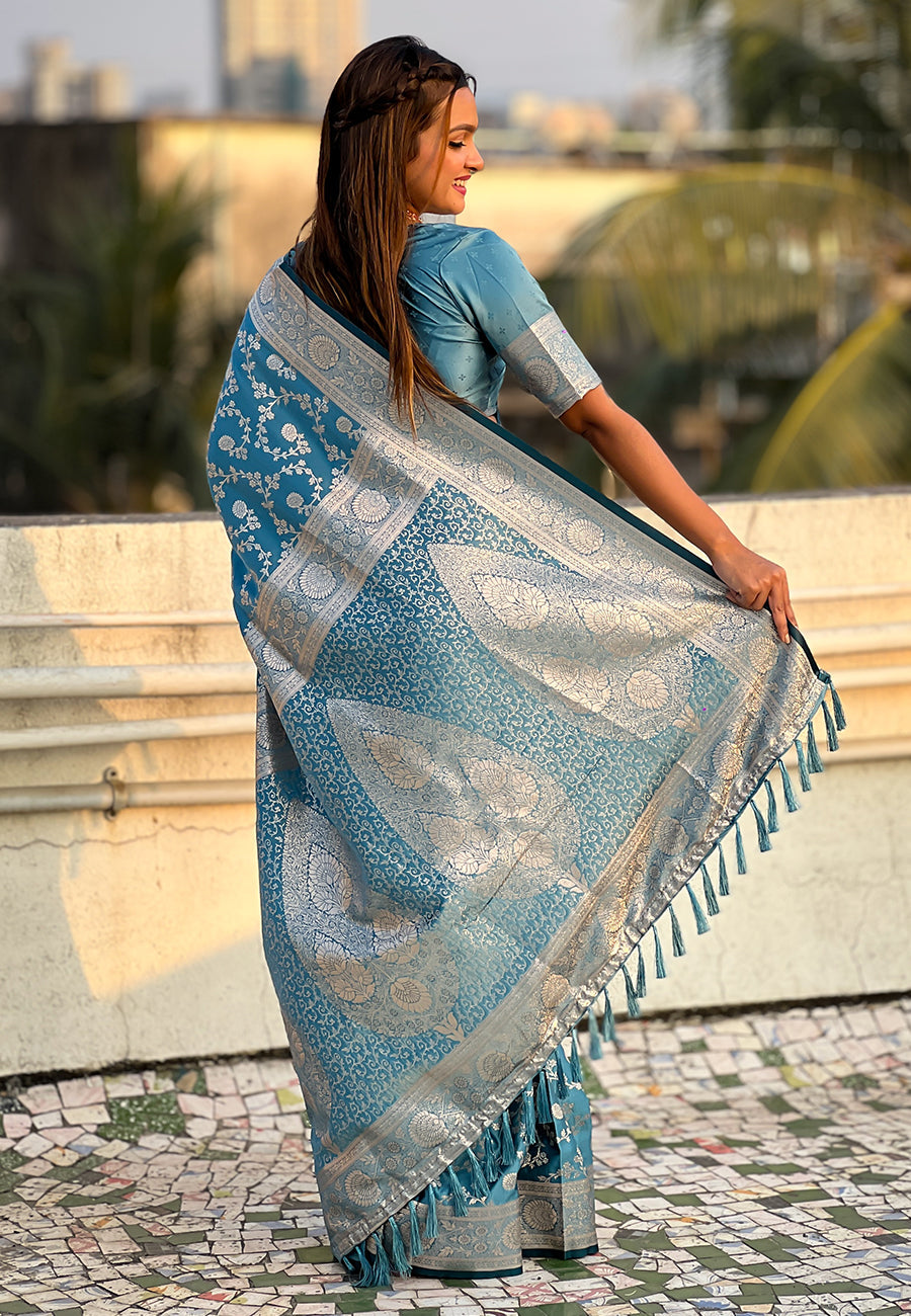 Butterfly Blue Banarasi Satin Silk Zari Banarasi Saree Panetar Saree Anant Tex Exports Pvt.Ltd..