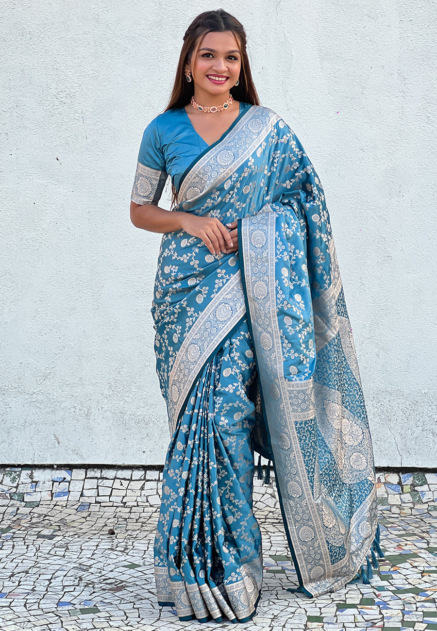 Butterfly Blue Banarasi Satin Silk Zari Banarasi Saree Panetar Saree Anant Tex Exports Pvt.Ltd..