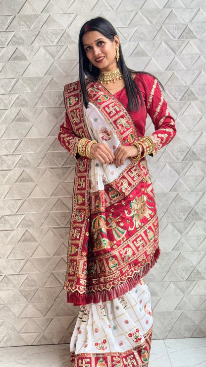 White Maroon Pure Soft Silk Panter Patola Embroiderd Panter Patola Saree 