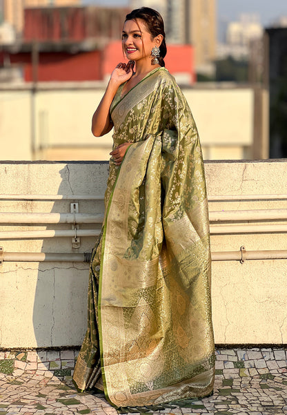 Green Banarasi Satin Silk Zari Banarasi Saree Panetar Saree Anant Tex Exports Pvt.Ltd..