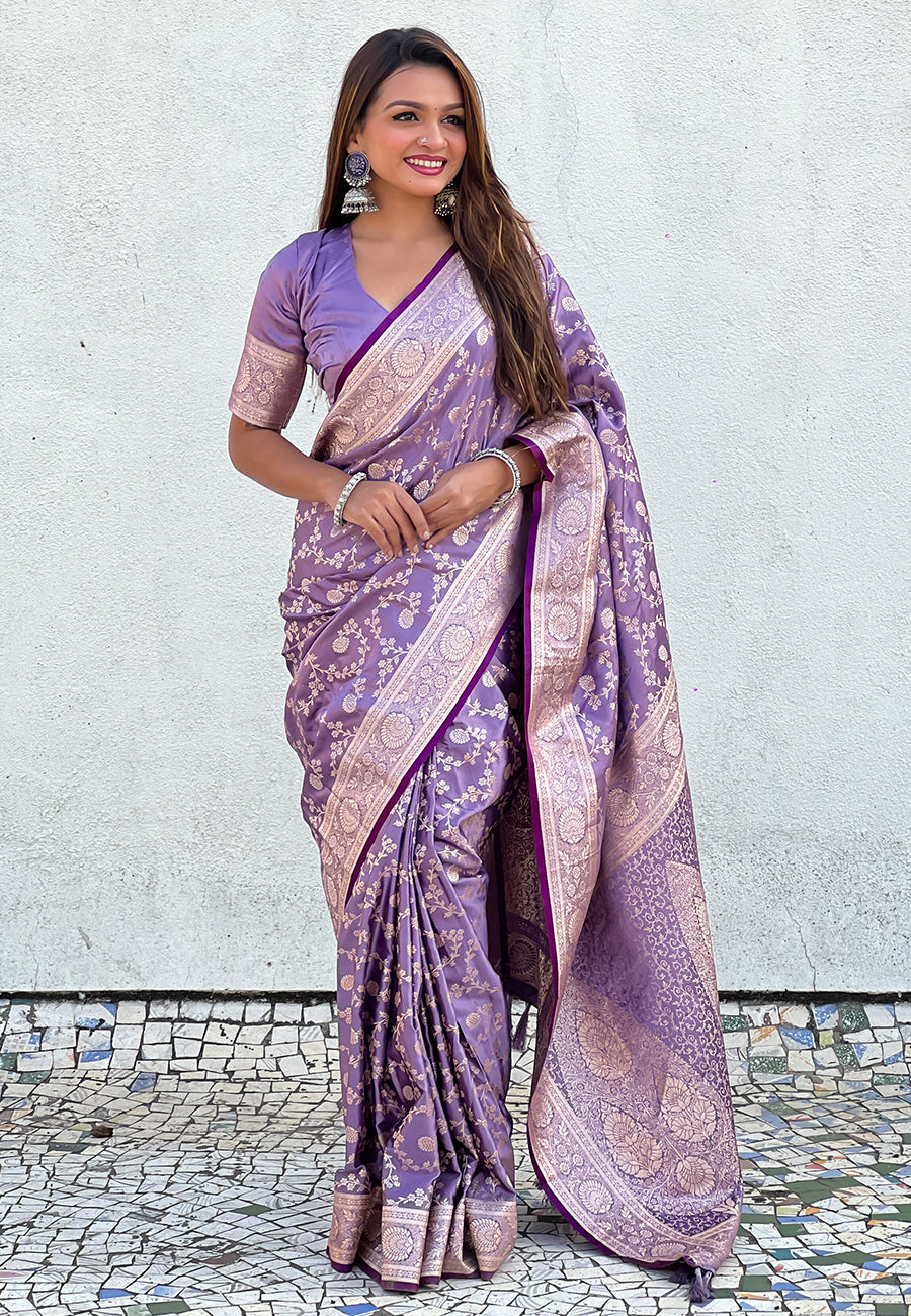 Lavender Banarasi Satin Silk Zari Banarasi Saree Panetar Saree Anant Tex Exports Pvt.Ltd..