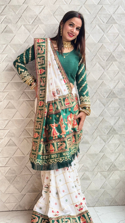 White Green Pure Soft Silk Panter Patola Embroiderd Panter Patola Saree