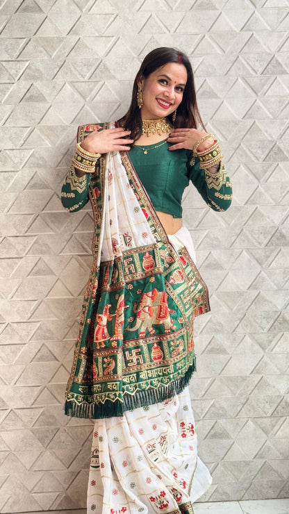 White Green Pure Soft Silk Panter Patola Embroiderd Panter Patola Saree
